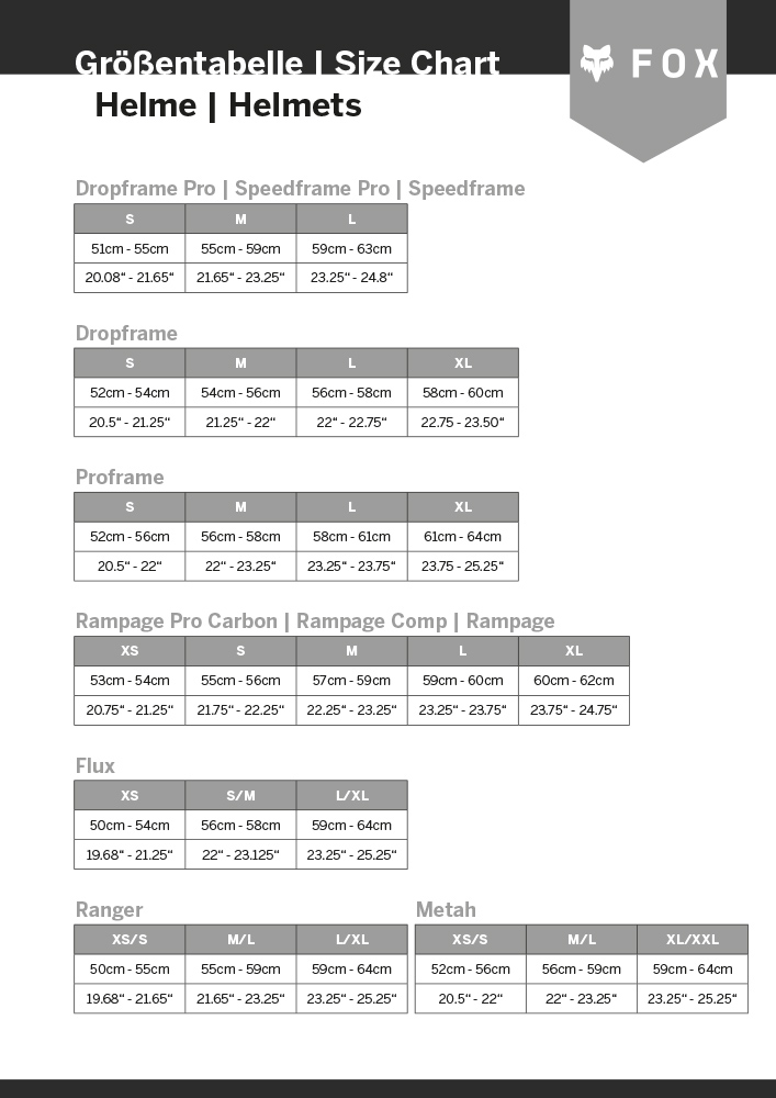 sizing_foxhead_helme Fox Racing Rampage - Fullface Helm – Bild 10